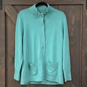 L.L. Bean‎ Women’s 100% Cashmere Teal Cardigan Sweater Button Front Size LP